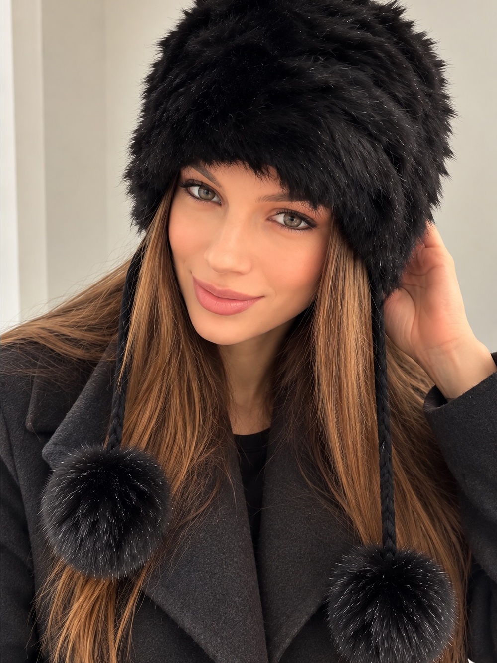 Luxury Axessimo Genuine Rabbit Fur Black Trapper Hat Pom Poms One Size